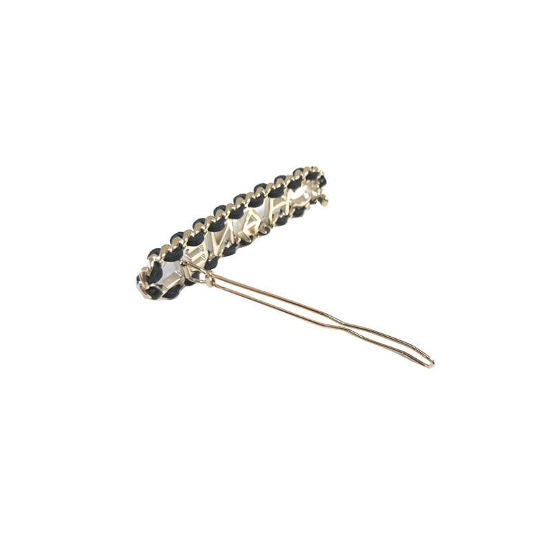 Chanel 22C] Leather Retro Chain Letters Leather Chain Classic Hair Accessories Metal Lambskin Hairpins for Women