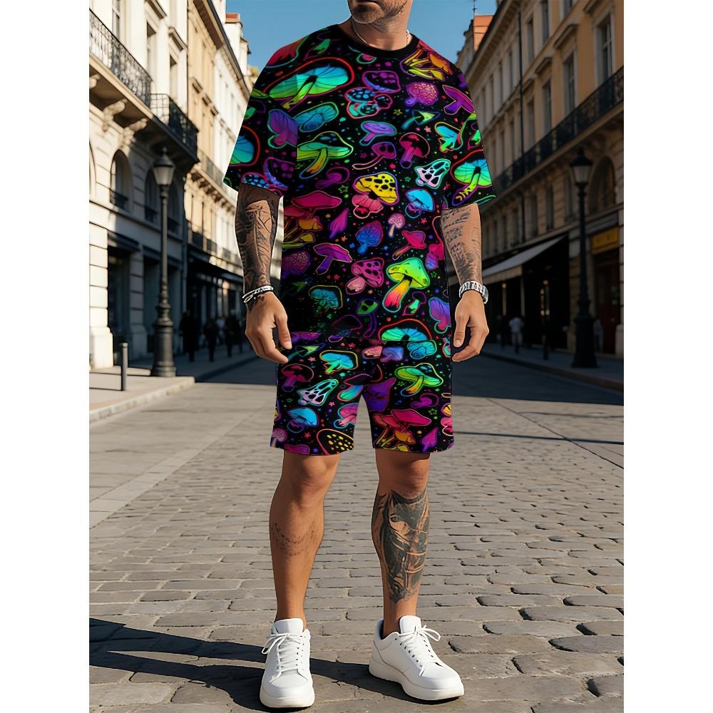 Summer Men's Round Neck Short Sleeved Set Personality Creativity 3D Printing Fashionable Comfortable Breathable Loose Casual Large Size Sports Wear