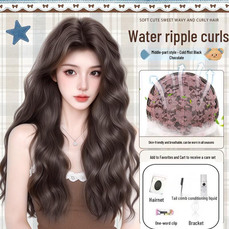 Women's Full Head Wig, Lazy Water Wave Long Curly Hair, Natural Seamless Look, Large Scalp Egg Roll Wig.
