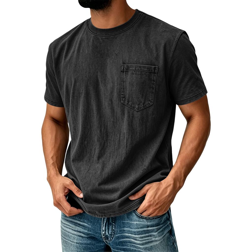 Men Vintage Washed Short Sleeve T Shirt Crew Neck with Chest Pocket Casual Loose Fit Soft Fabric Classic Style