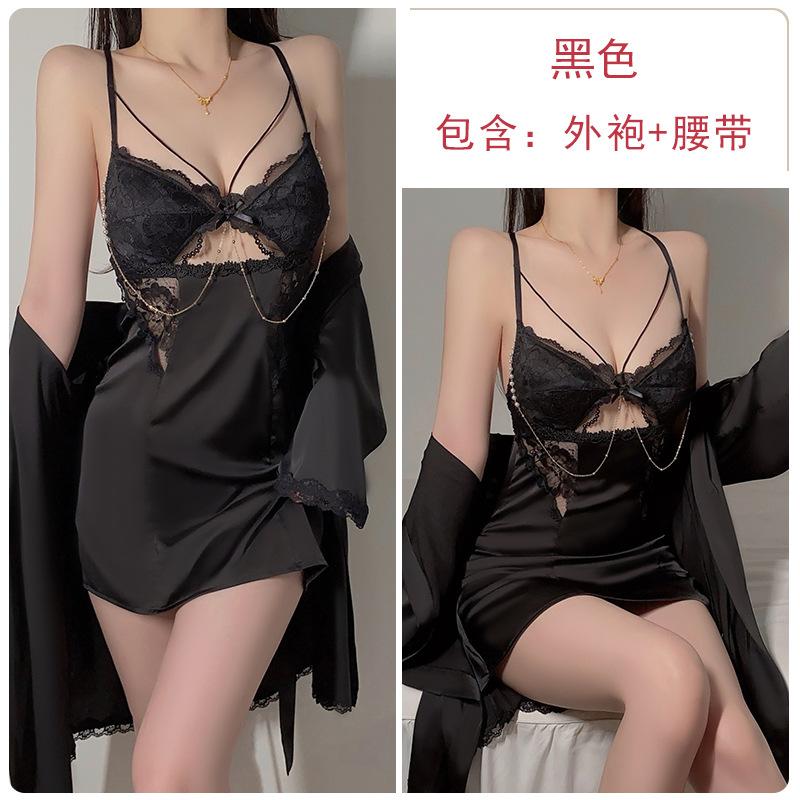 Women's Silky Satin Deep V Padded Backless Sleep Dress with Robe Lounge Set
