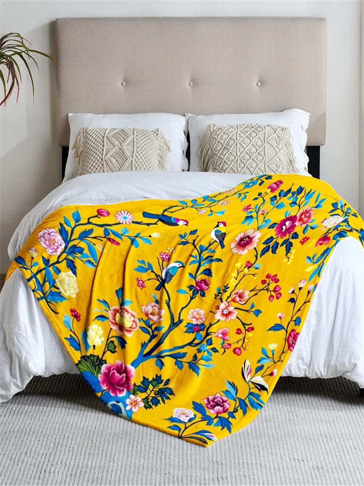 Yellow Floral Tree With Birds Art Print Fleece Blanket Boho Style Soft Warm Throw Interior Decoration Bedding Cover For Home