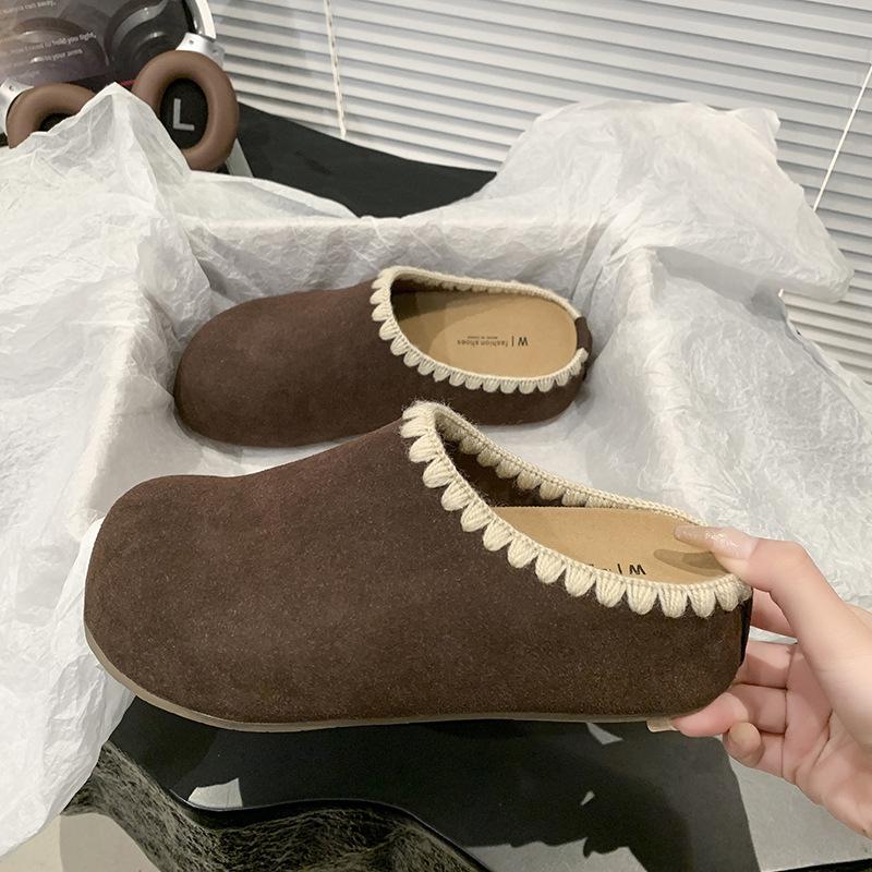 Lace Thick-soled Outer Wear Velvet Cotton Slippers 2025 Autumn New Casual One-pedal Lazy Bag Head Half Slippers