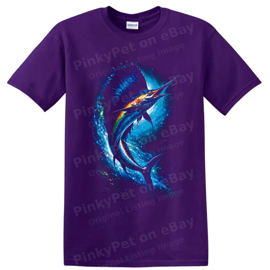 Sailfish T Shirt Neon Ocean Predator Fish Art W/ Blue Wave Graphic Wildlife Tee