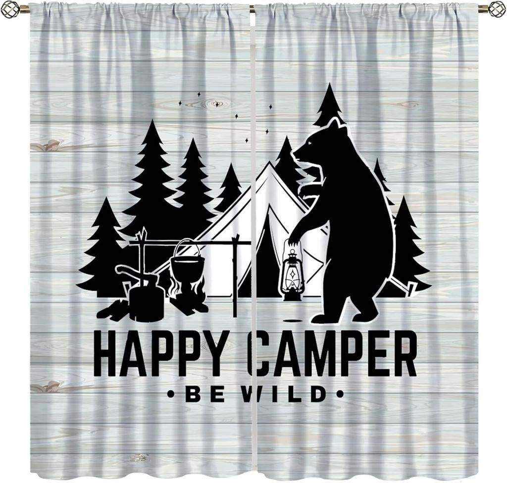 Retro Happy Camper Curta,Rustic Wood Plank Camping Travel Trailer Blackout Rod Pocket Window Curtain,For Boys Girls Living