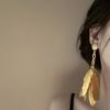 Silver needle round feather earrings simple high-end long earrings Bohemian retro temperament earrings women
