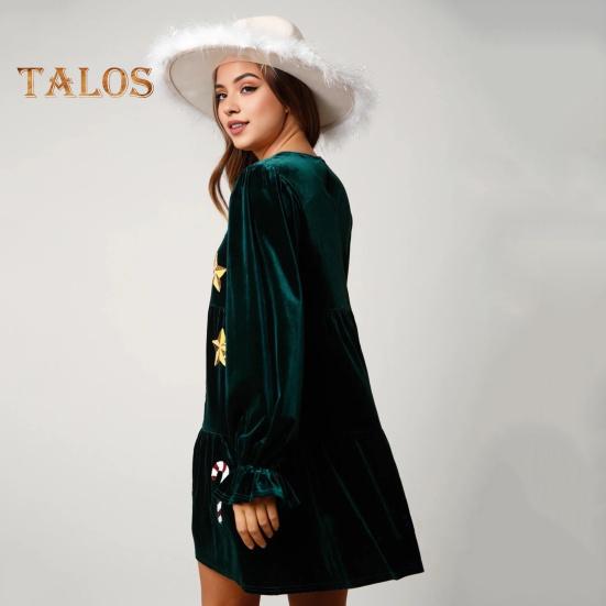 Weihnachtskleid für Damen, festlich, mit Sternendruck, Patchwork, Pailletten, A-Linie, plissiert, V-Ausschnitt, lange Ärmel, Rüschen, Samt, Party, Neujahr, Minikleid