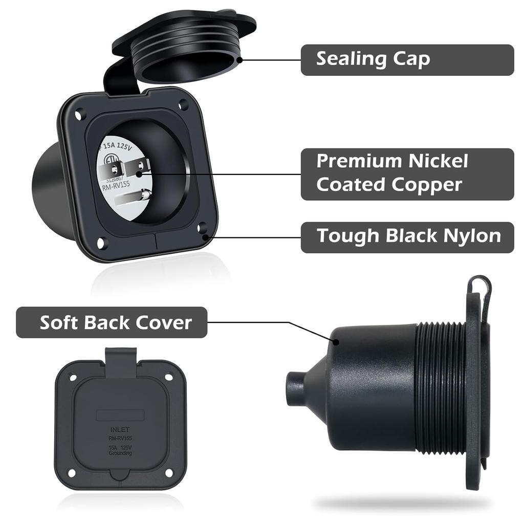 15 Amp Inlet, 125V Shore Power Inlet Power Inlet Port Plug NEMA 5-15P Male Receptacle RV Flanged Inlet With Waterproof Covers 2 Pole 3-Wire ETL