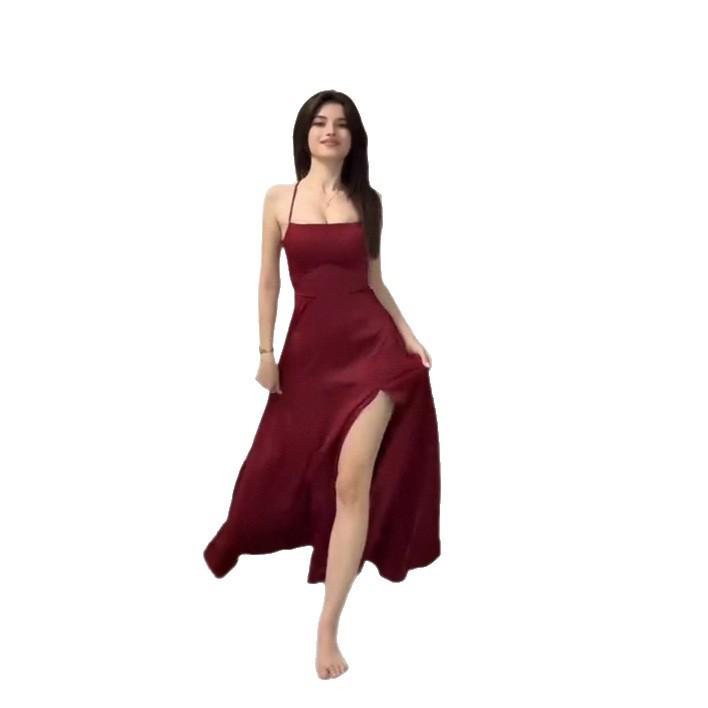 Summer 2025 European & American Women's Tie-Up Spaghetti Strap A-Line Dress with Waist-Hugging Slit