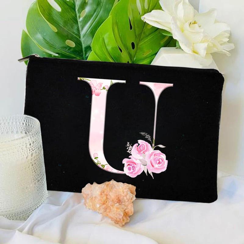 Damen Tasche Make-up Tasche Brautjungfer Make-up Taschen Blumen Alphabet Druck Leinen Reißverschluss Tasche Reise Organizer Etui Mujer Bolsas Kosmetik