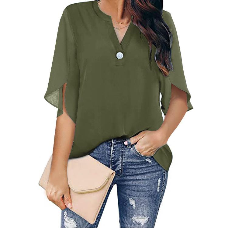 Summer Women's T-shirt Short Sleeve Elegant Casual Solid Color V-neck Chiffon Shirt Women's Tops