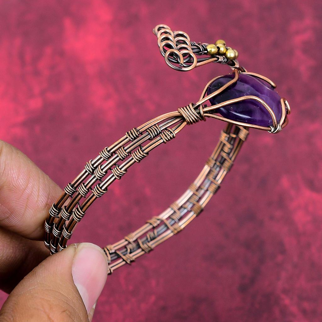 Star Amethyst Bangle Copper Wire Wrapped Jewelry Adjustable Cuff Bracelet Handmade Real Gemstone Jewelry Copper Wire Bangle Gifts for Women