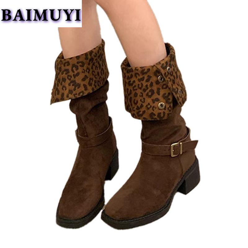 Leopard High Heels Women High Boots Designer Shoes 2025 Trend Winter Brand Suede Chunky Chelsea Boots Pumps Mujer Western Botas