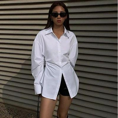 White Long-Sleeve Cinched Waist Slimming Top - Trendy Designer Style for Women, Perfect for Spring & Autumn
