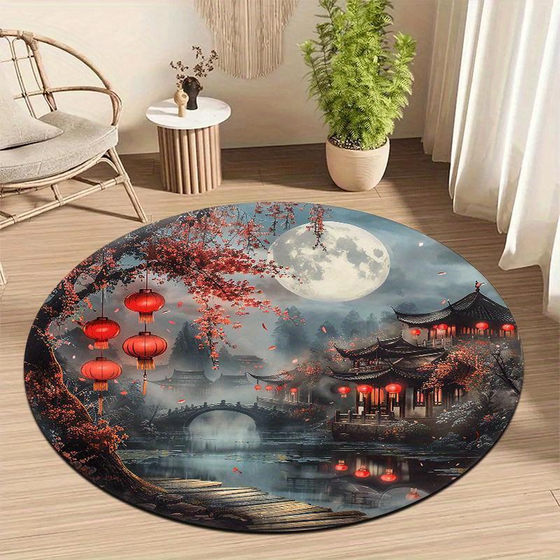Chinese Garden Moonlight Round Rug - Lightweight Non-Slip Washable Floor Mat for Entryway and Living Room