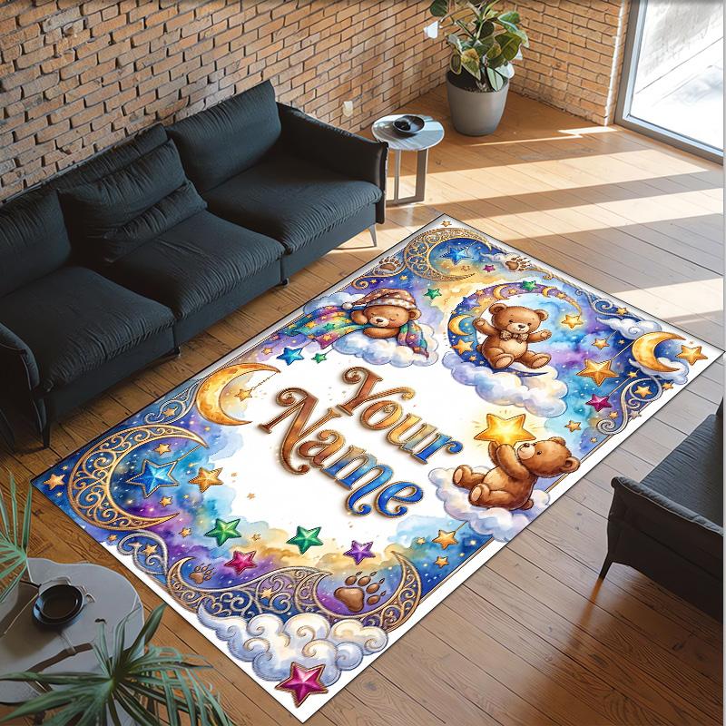 Teddy Bear Theme Crystal Velvet Rug Personalized Custom Name Text Soft Floor Mat Home Decor