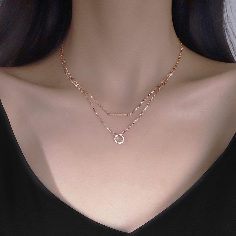 Women Fashion Light Luxury Double Layered Hollow Circle Geometric Pendant Clavicle Necklace