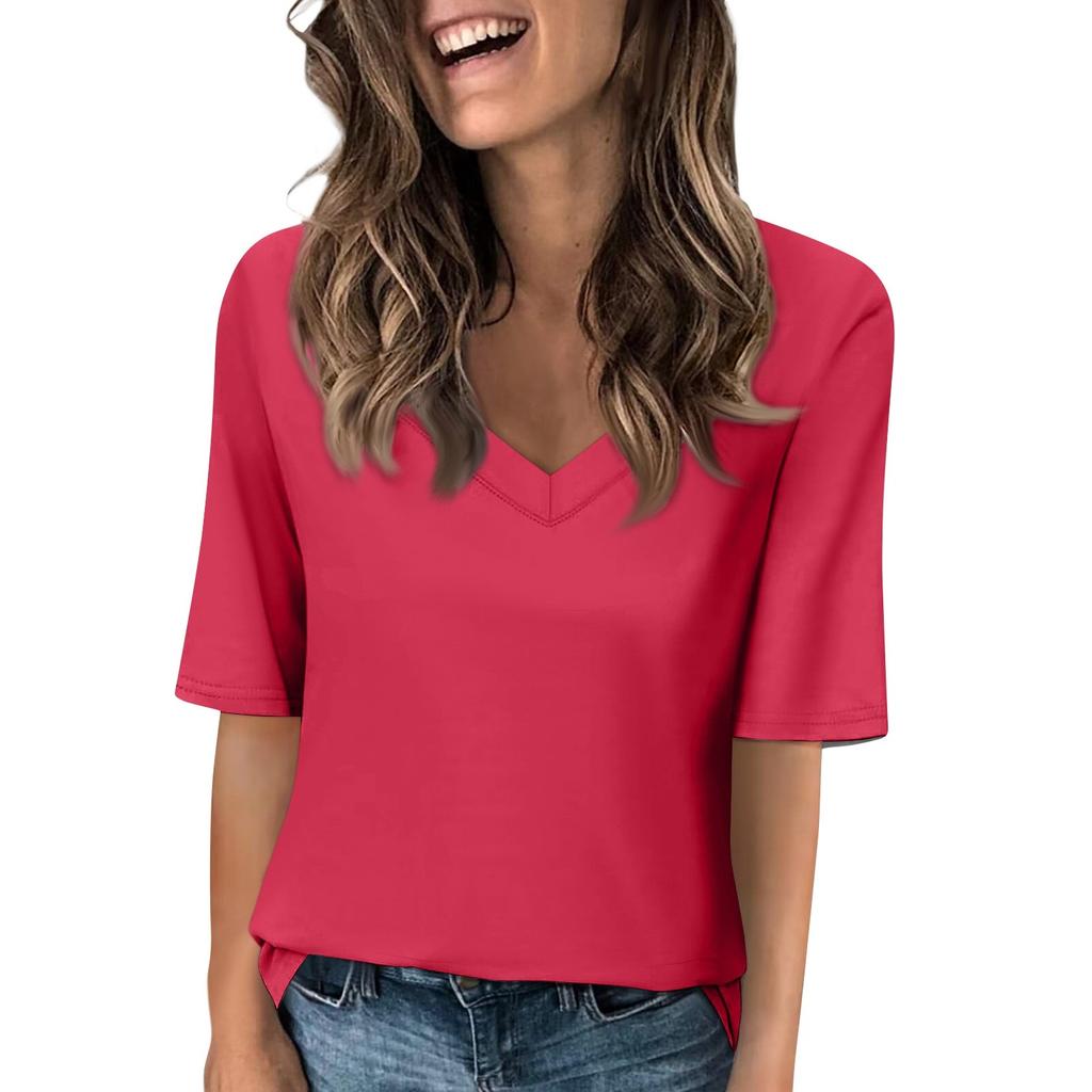 Women's Solid-color V Neck T Shirts Half Sleeve Tops Printed Casual Summer Tees T Shirt Blouse