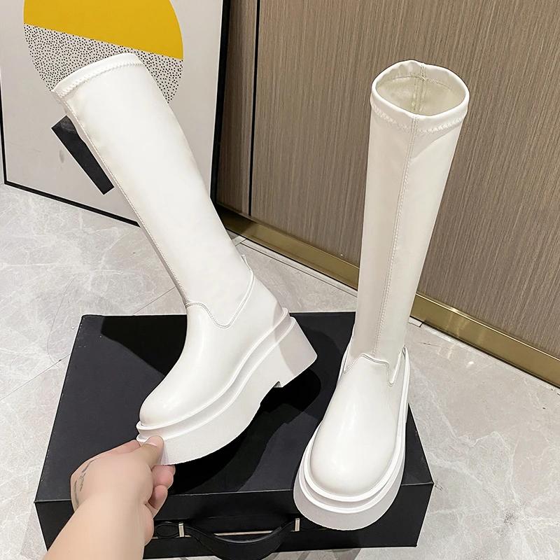 High Quality Stretchy Slip-on Platform Boots Spring Autumn Commuter Fashion   Black Long Women Boots for Women Zapatos De Mujer