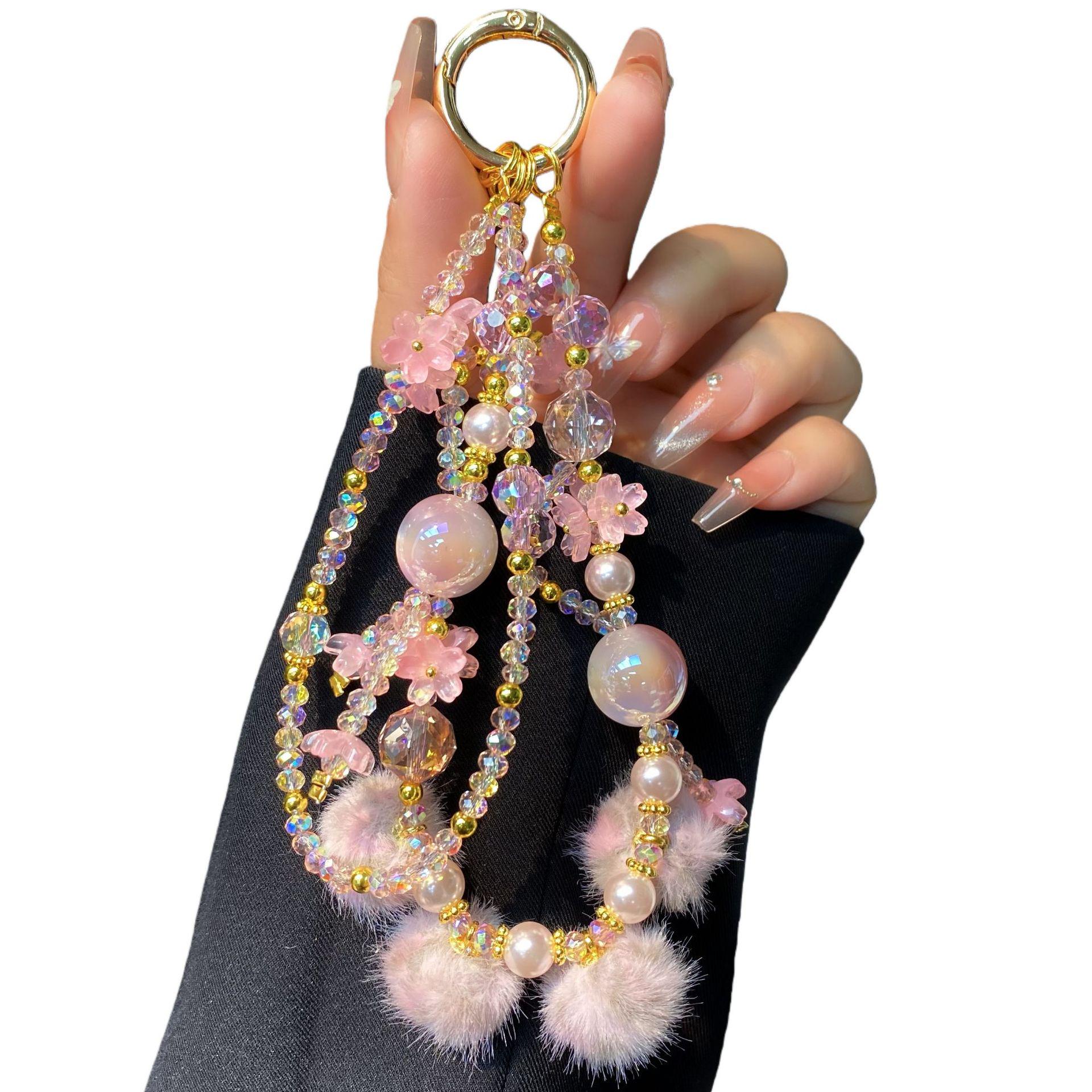 

Leopard Print Plush Phone Chain with Crystal Beads and Pearl Flower Charm чорний