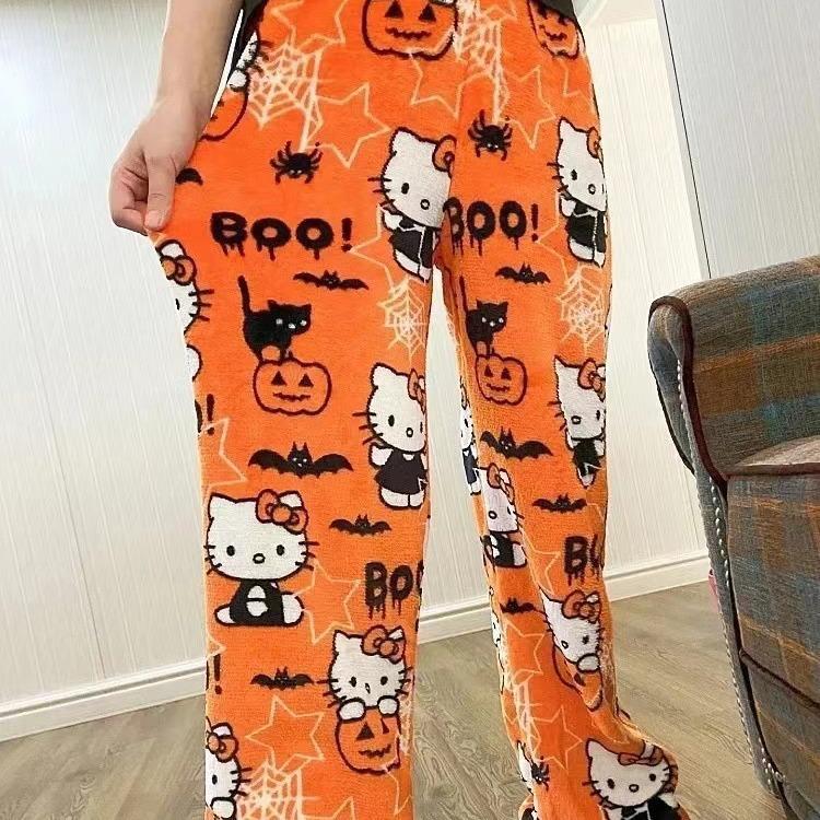 Halloween Kawaii Hello Kitty Flanellen Pyjamabroek Dames Winter Fleece gevoerd Warm Loungewear Trekkoord Joggingbroek