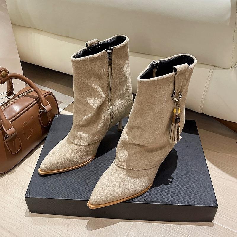 Tassel Stiletto Booties Fashion Pointed Toe Suede Side Zipper Non-Slip Wear-Resistant Heels