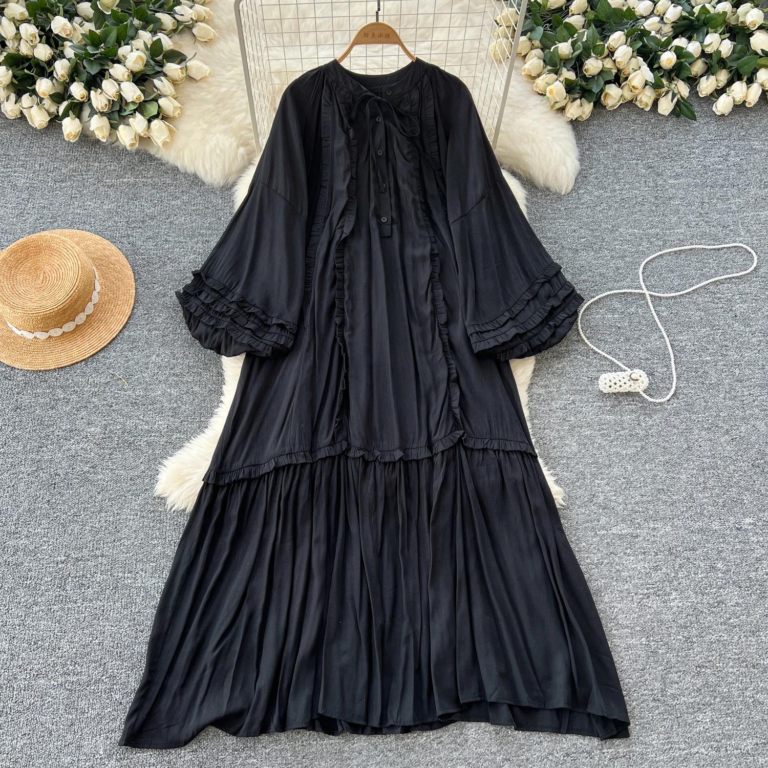 

Винтажное однобортное платье с круглым вырезом на шнуровке, модное, с длинными рукавами, элегантное, свободное, с оборками, корейская женская одежда High Street One Size чёрный