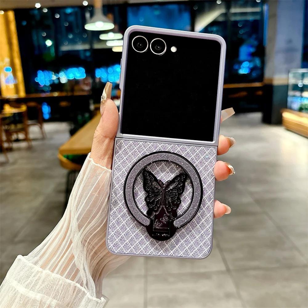 

Flash Phone Case for Samsung Galaxy Z Flip 7 6 5 4 Flip7 Flip6 Flip5 Luxury Leather Cartoon Butterfly Bracket Protective Cover Galaxy Z Flip7 фіолетовий