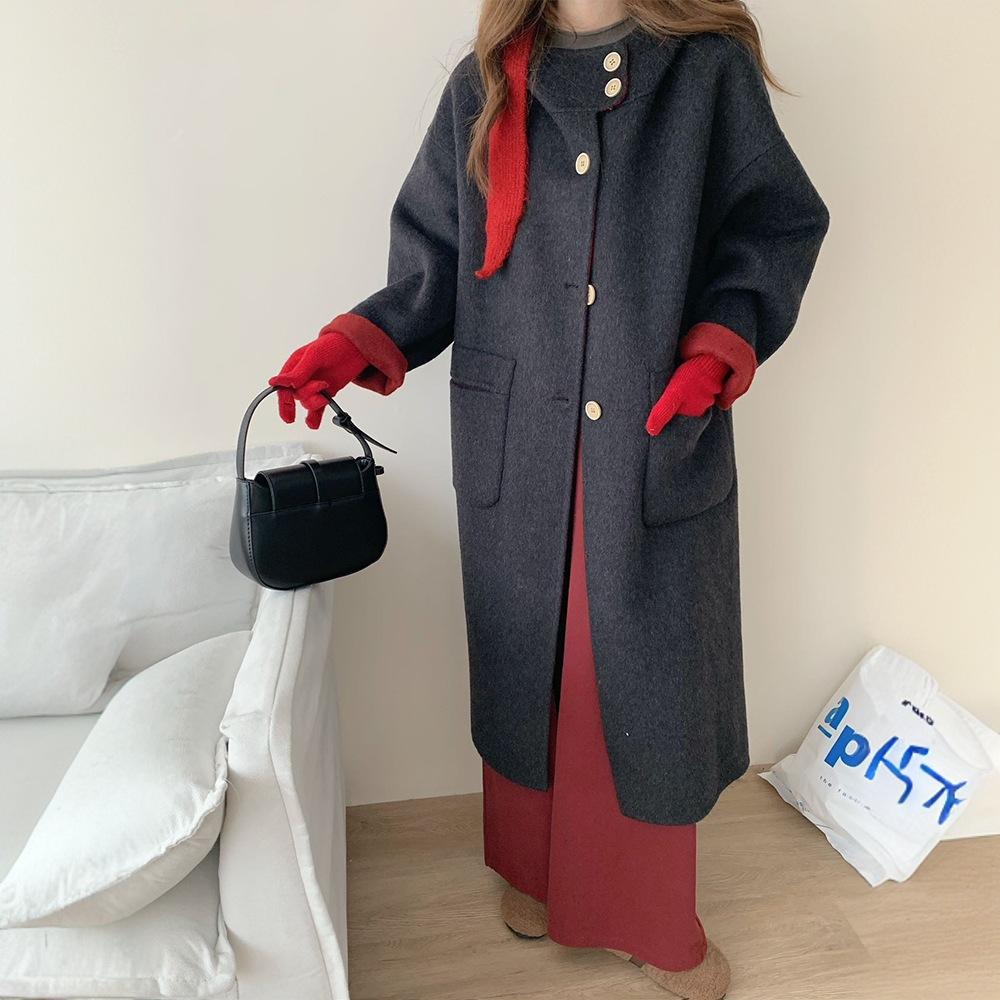 

2025 autumn and winter new double-sided wool coat women s long knee thickened warm loose and thin hooded jacket S