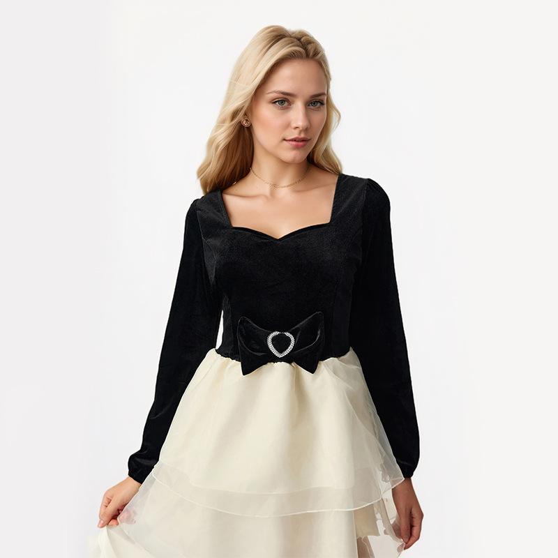 Spring Solid Color Patchwork Long Sleeve Mesh Bow Embellished Dress