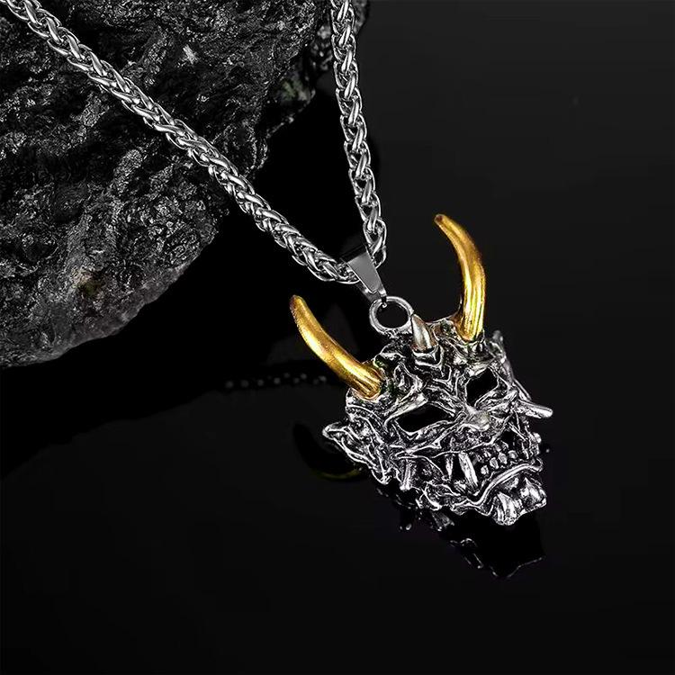 New Horn Prajna Ghost Titanium Steel Pendant Necklace Retro Mask Hip Hop Jewelry Accessories
