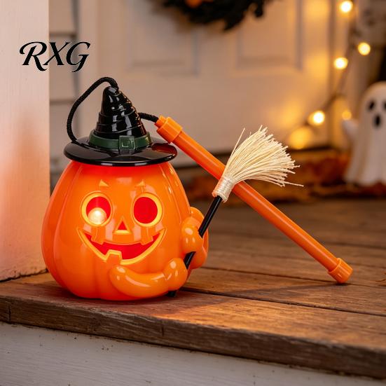Light Up Pumpkin Decor Glowing Halloween Lantern, Jack O Lantern with Witch Hat Broom, Candy Collecting Decor, Trick or Treat Prop for Kids