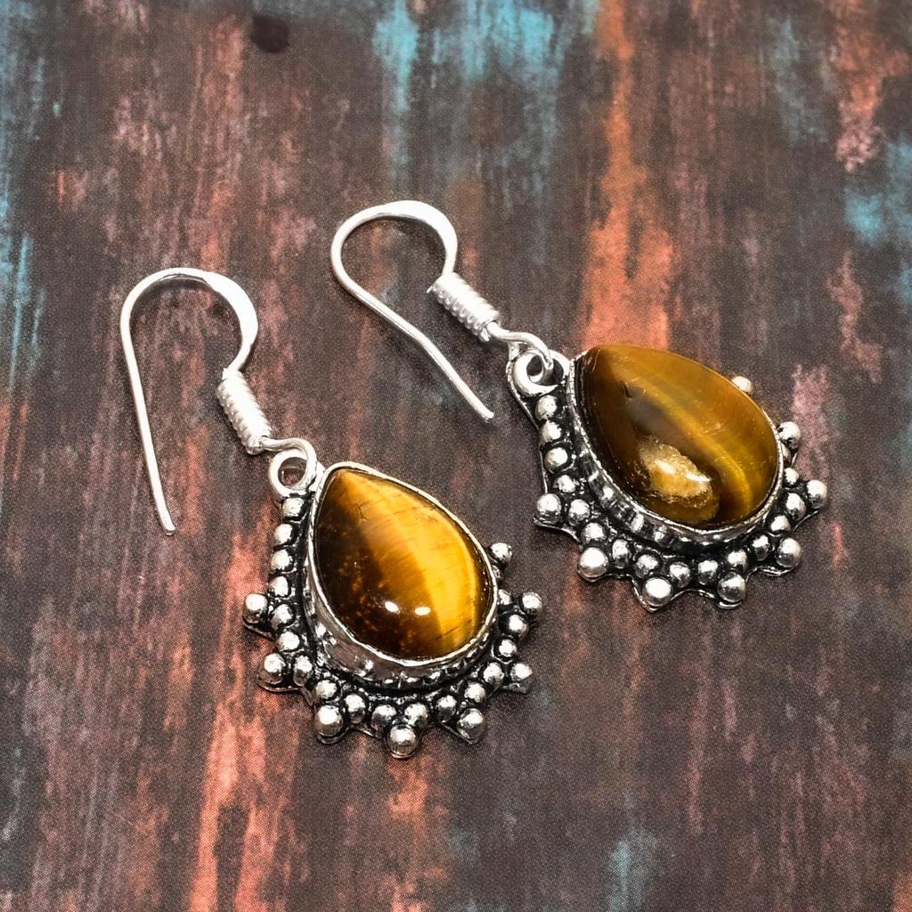 Święto Dziękczynienia Tygrysie Oko Kamień Szlachetny Srebro Próby 925 Ręcznie Robiona Biżuteria Kolczyki