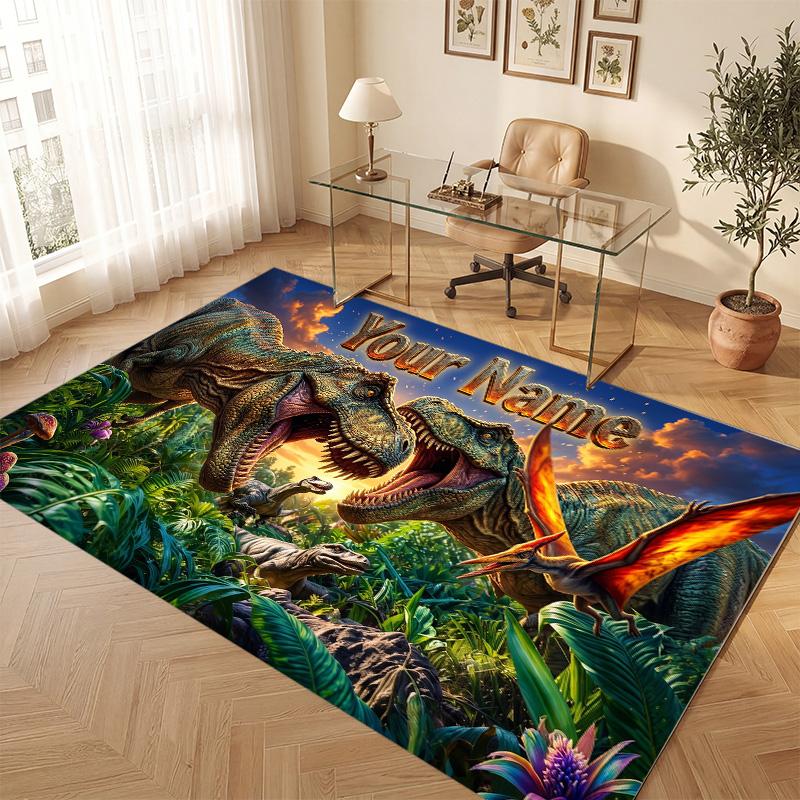 Dinosaur Theme Soft Crystal Velvet Rug Custom Name & Text Print Non Slip Floor Rug for Bedroom Living Room