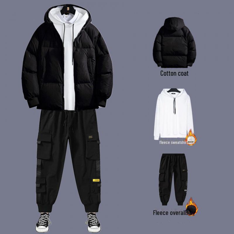 Men's Winter Cotton Three-Piece Suit: Thickened Coat with Plus Velvet Sweater, 2020 Autumn/Winter Edition