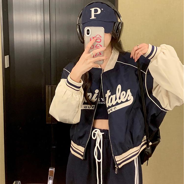 2024 Spring/Autumn Women s Casual Letter Print Patchwork Baseball Jacket with Stand Collar XL