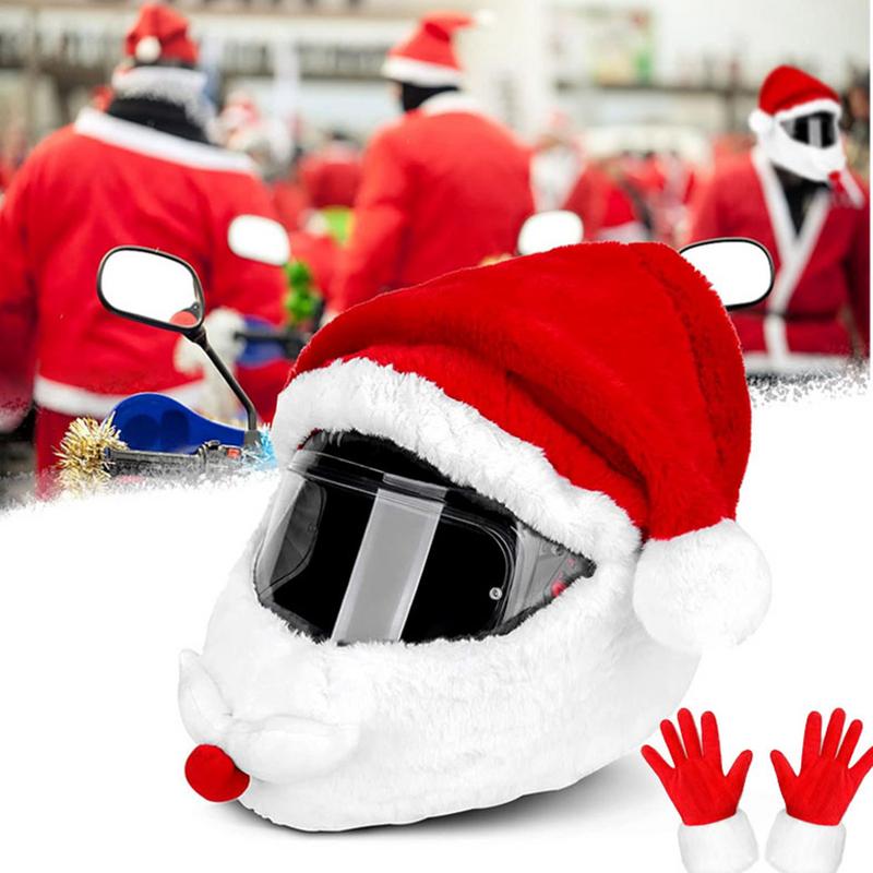 Christmas Motorcycle Headgear Cover & Gloves Plush Protective Santa Claus Motorcycle Helmet Cover Helmet Accessories