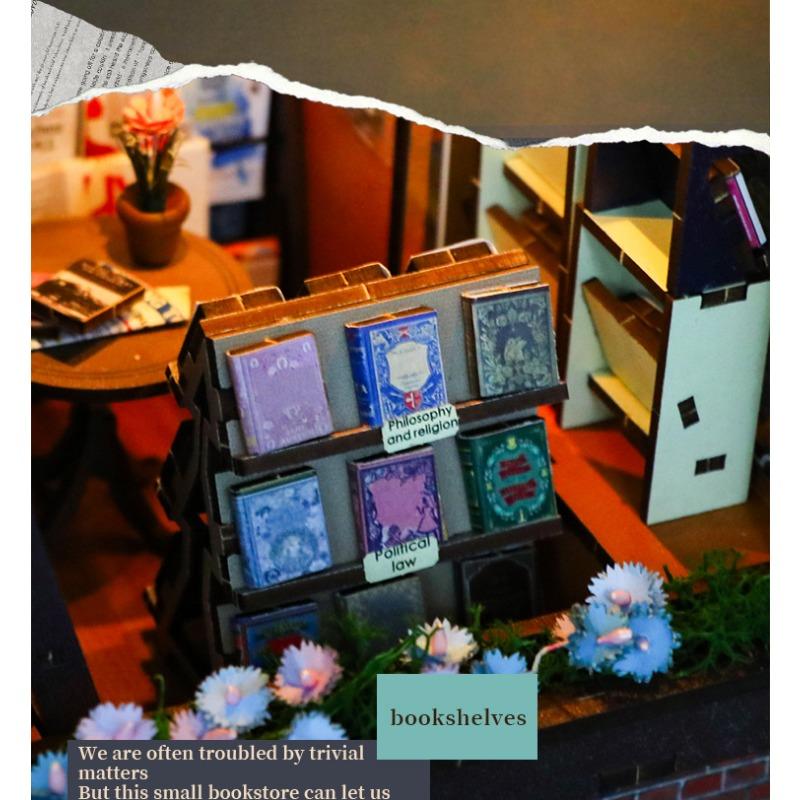 DIY Cottage Bookstore Book Stand Buckle Stitching Wooden Doll House Creative House Gift Exquisite Music Box 14+ Gifts
