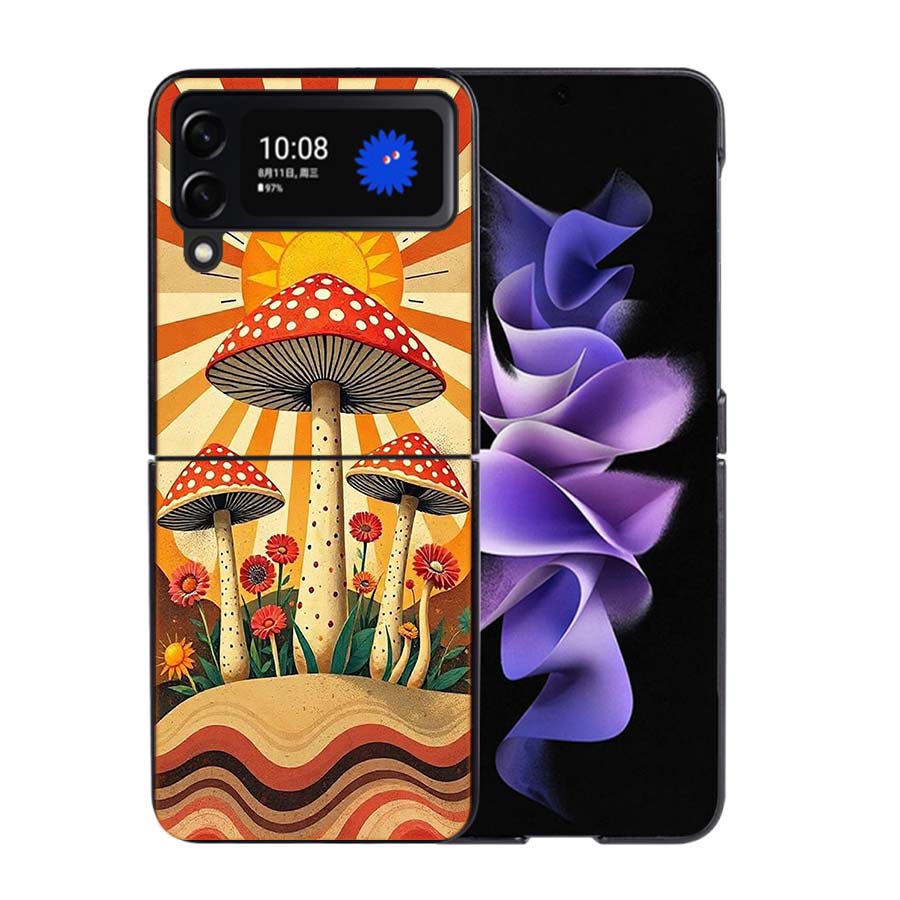 Boho Hippie Pilz Sonnenaufgang Handyhülle Für Samsung Z Flip 7 6 5G Galaxy Z Flip4 Z Flip5 Z Flip3 Hülle Schwarze Harte PC Schale Schutz