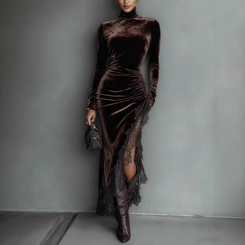 Îmbrăcăminte pentru femei Toamnă și Iarnă Rochie cu Guler Înalt din Catifea Rochie plisată mulată Decolteu pe Spate