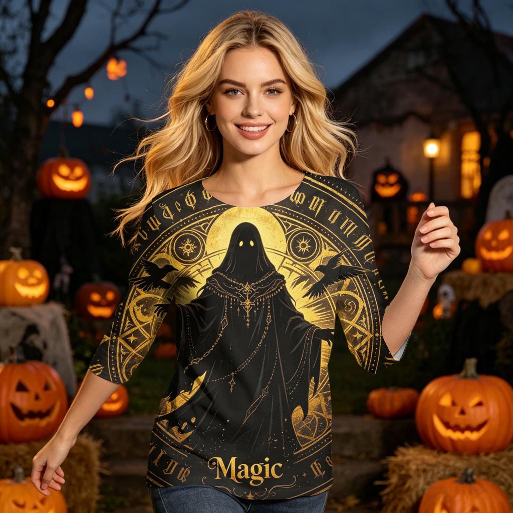 Women's Casual 3/4 Sleeve Halloween Print Round Neck Top Lightweight Loose Fit Pullover Shirt for Everyday Wear