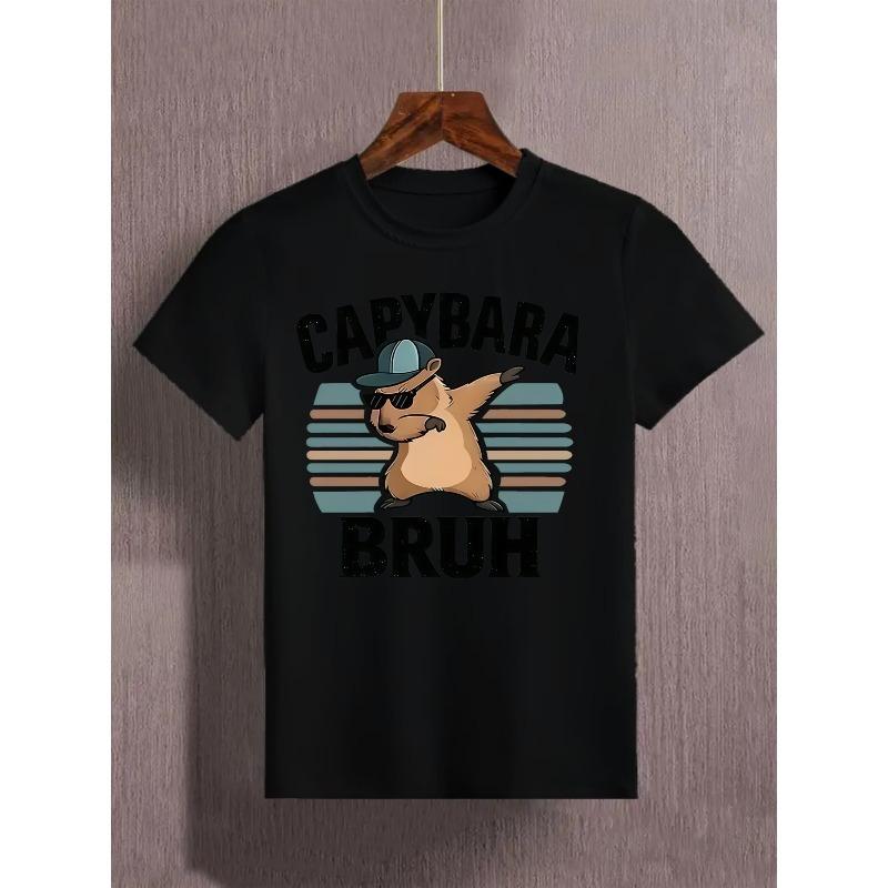 

European sizes Boys Casual Capybara Bruh Graphic Print Crew Neck T-Shirt - Short Sleeve, Stretch Fabric, Regular Fit 98cm чёрный