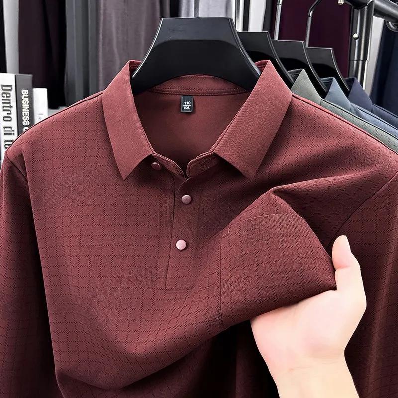 Men Lapel Collar Jacquard Long Sleeve Polo Shirt Button Placket Business Casual Top