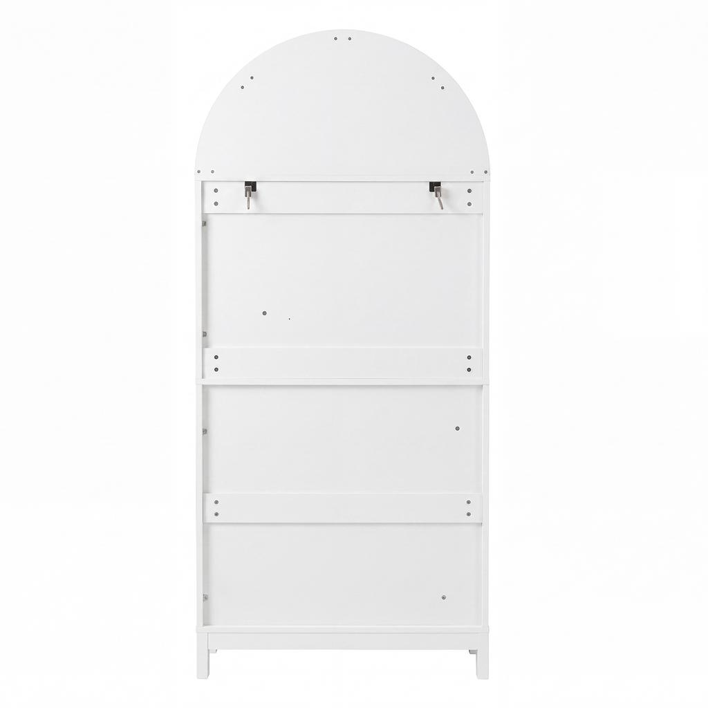 Modern arched display and storage cabinet, rattan doors, 3 display compartments + 2 doors + 1 drawer, white + wood look, 70 x 40 x 170 cm.