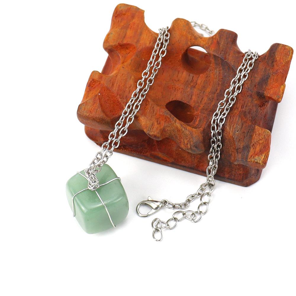 Hand-Wound Multi-Colored Crystal Natural Stone Green Dongling Cube Pendant Necklace Love N594