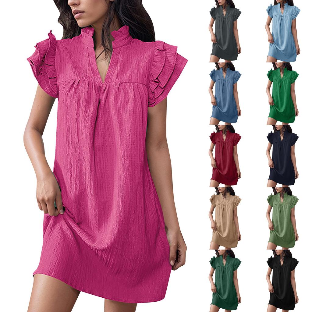 Women's Fashion Casual Solid Color V-Neck Loose Ruffle Sleeve Short Dress