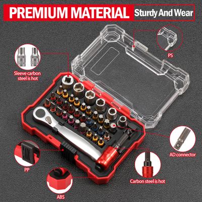 38Pcs Ratchet Wrench and Screwdriver Bit Set 1/4 Inch Hex Shank Magnetic Tip Screwdriver Bit with 6 Socket for Screws