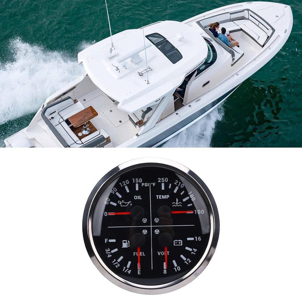 110mm 4 3/8in 4 in 1 Multifunction Gauge DC 12V 0-150PSI Oil Pressure Fuel Level 100-250℉ Water Temp 8-16V Voltmeter for RV Boat Truck (Black Dial
