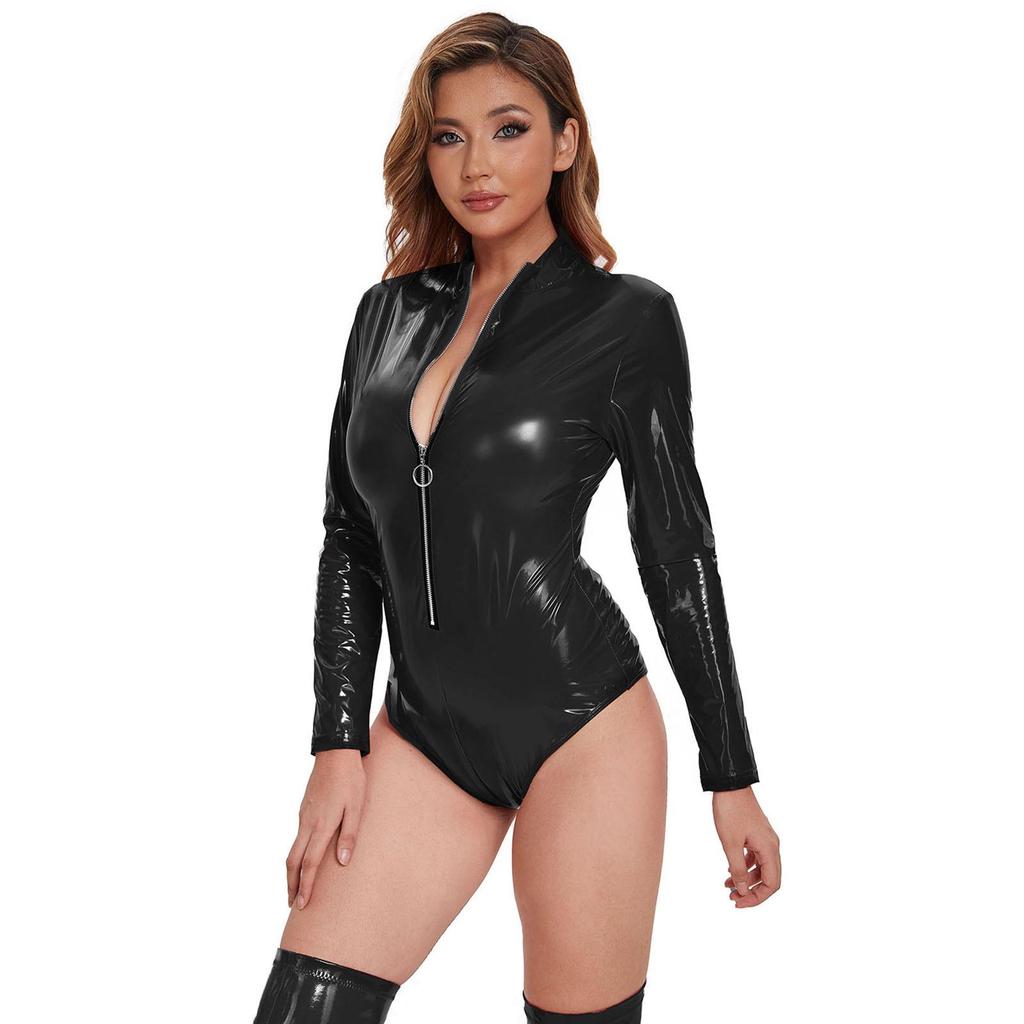 Women's Shiny PU Leather Bodysuit - Sexy Low-Cut, Odorless