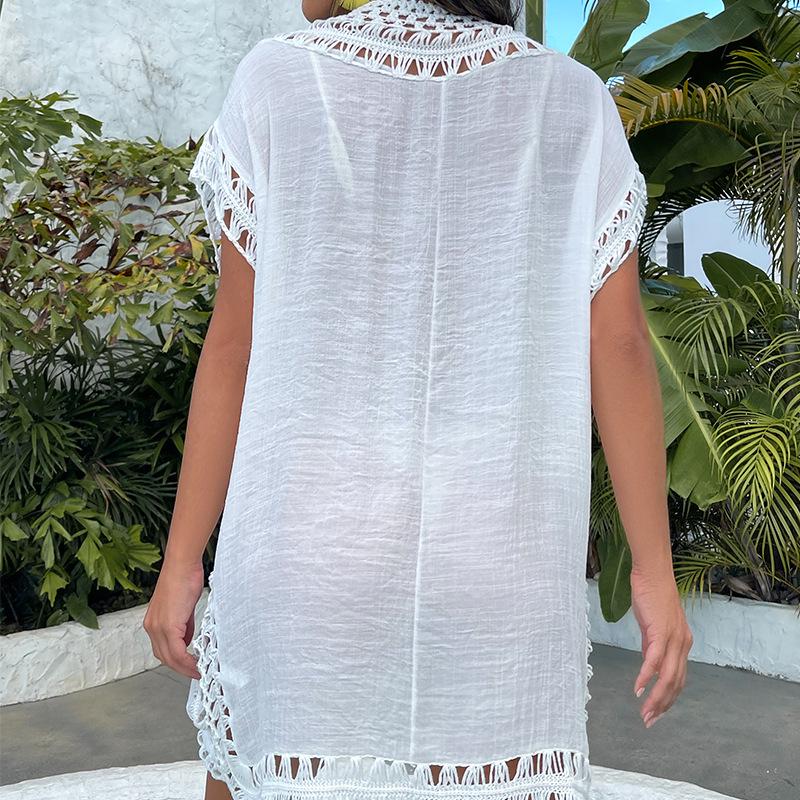 Cross-Border Solid Color Crochet Bamboo Patchwork Neckline Beach Cover-Up